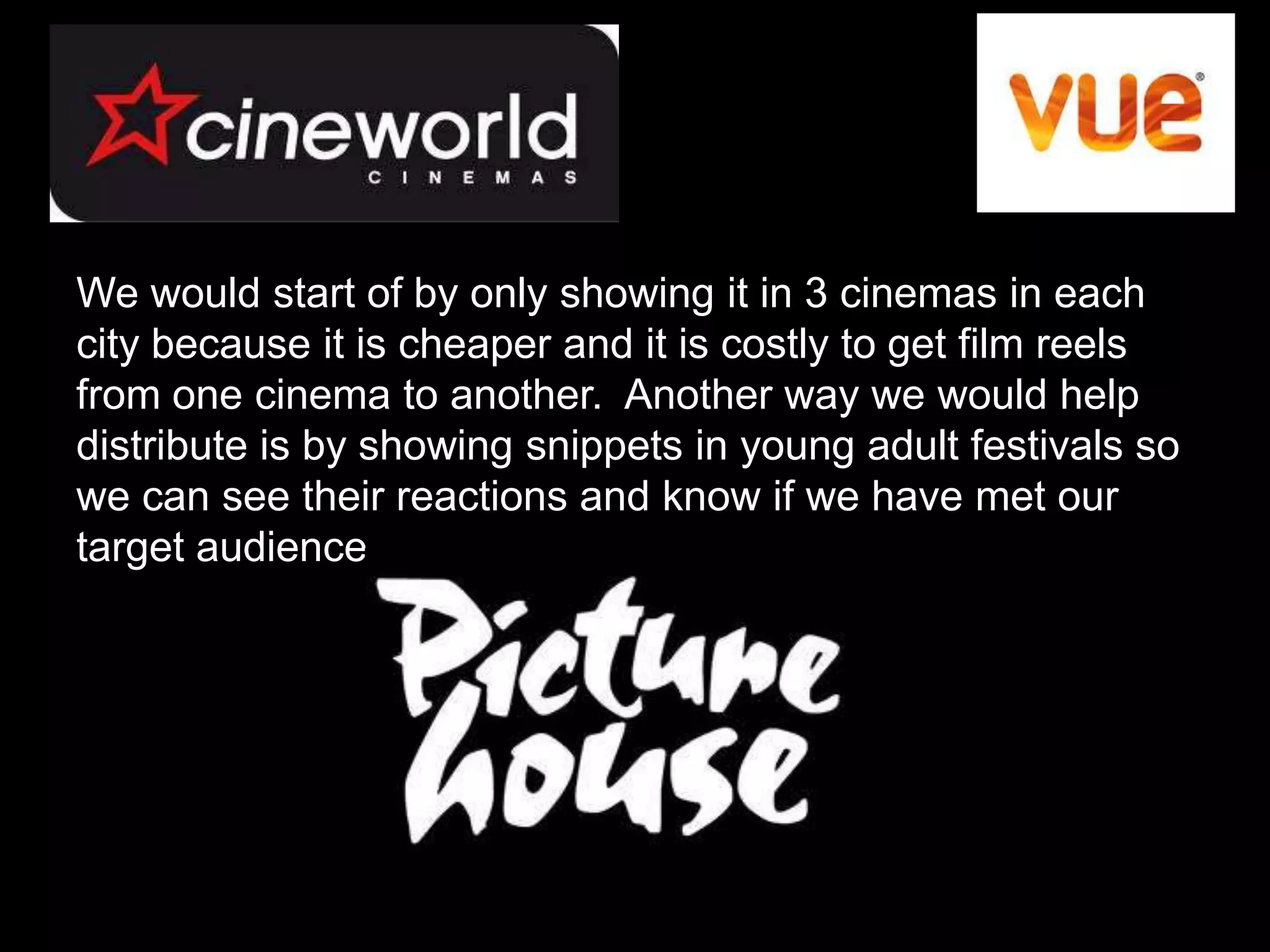 We would start of by only showing it in 3 cinemas in each
city because it is cheaper and it is costly to get film reels
from one cinema to another. Another way we would help
distribute is by showing snippets in young adult festivals so
we can see their reactions and know if we have met our
target audience.
 