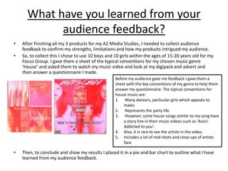 What have you learned from your
audience feedback?
• After finishing all my 3 products for my A2 Media Studies, I needed to collect audience
feedback to confirm my strengths, limitations and how my products intrigued my audience.
• So, to collect this I chose to use 10 boys and 10 girls within the ages of 15-20 years old for my
Focus Group. I gave them a sheet of the typical conventions for my chosen music genre
‘House’ and asked them to watch my music video and look at my digipack and advert and
then answer a questionnaire I made.
• Then, to conclude and show my results I placed it in a pie and bar chart to outline what I have
learned from my audience feedback.
Before my audience gave me feedback I gave them a
sheet with the key conventions of my genre to help them
answer my questionnaire. The typical conventions for
house music are:
1. Many dancers, particular girls which appeals to
males
2. Represents the party life.
3. However, some house songs similar to my song have
a story line in their music videos such as 'Avicii-
Addicted to you'.
4. Also, it is rare to see the artists in the video.
5. Includes a lot of mid-shots and close ups of artists
face
 