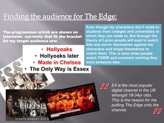 The programmes which are shown on
television currently that fit the bracket
for my target audience are:
• Hollyoaks
• Holl...