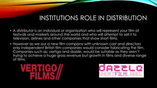INSTITUTIONS ROLE IN DISTRIBUTION
• A distributor is an individual or organisation who will represent your film at
festivals and markets around the world and who will attempt to sell it to
television, airlines and other companies that show short films.
• However as we our a new film company with unknown cast and directors
only independent British film companies would consider fabricating the film.
Companies such as; vertigo and dazzle, would be suitable as they aren’t
trying to achieve a huge gross revenue but growth in films and diverse range
of films.
 