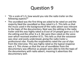 Question 9
• “On a scale of 1-5, how would you rate the radio trailer on the
following aspects?”
• The soundbed was the first thing we asked to be rated on and the
majority liked the soundbed as they rated it a 5. This tells us that
the music used in the background of the radio advert was relevant
to the topic of the documentary. Next was the editing in the radio
trailer and this was highly rated as 8 out of 14 people gave us a 5 for
the editing and the other 6 a 4. We were then rated on the voice
over which received another 8 5’s. This tells us that the voiceover
was clear and easily understood, giving the radio trailer a
professional vibe. Finally the respondents rated the use of clips
from the interview. This was highly rated as the typical response
was a 5. This shows us that the use of soundbites from the
documentary was effective as people were able to link the topic of
the documentary with radio advert, meaning it advertises the
documentary well.
 