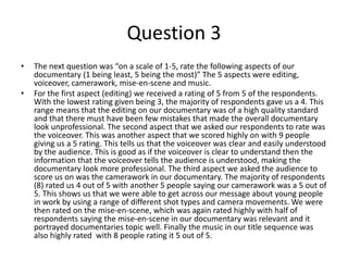 Question 3
• The next question was “on a scale of 1-5, rate the following aspects of our
documentary (1 being least, 5 being the most)” The 5 aspects were editing,
voiceover, camerawork, mise-en-scene and music.
• For the first aspect (editing) we received a rating of 5 from 5 of the respondents.
With the lowest rating given being 3, the majority of respondents gave us a 4. This
range means that the editing on our documentary was of a high quality standard
and that there must have been few mistakes that made the overall documentary
look unprofessional. The second aspect that we asked our respondents to rate was
the voiceover. This was another aspect that we scored highly on with 9 people
giving us a 5 rating. This tells us that the voiceover was clear and easily understood
by the audience. This is good as if the voiceover is clear to understand then the
information that the voiceover tells the audience is understood, making the
documentary look more professional. The third aspect we asked the audience to
score us on was the camerawork in our documentary. The majority of respondents
(8) rated us 4 out of 5 with another 5 people saying our camerawork was a 5 out of
5. This shows us that we were able to get across our message about young people
in work by using a range of different shot types and camera movements. We were
then rated on the mise-en-scene, which was again rated highly with half of
respondents saying the mise-en-scene in our documentary was relevant and it
portrayed documentaries topic well. Finally the music in our title sequence was
also highly rated with 8 people rating it 5 out of 5.
 
