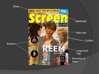 Strap




               Masthead



                Main star


                       Conflict
Buttons

                Large bold
                Title
             Branding of
             show
 