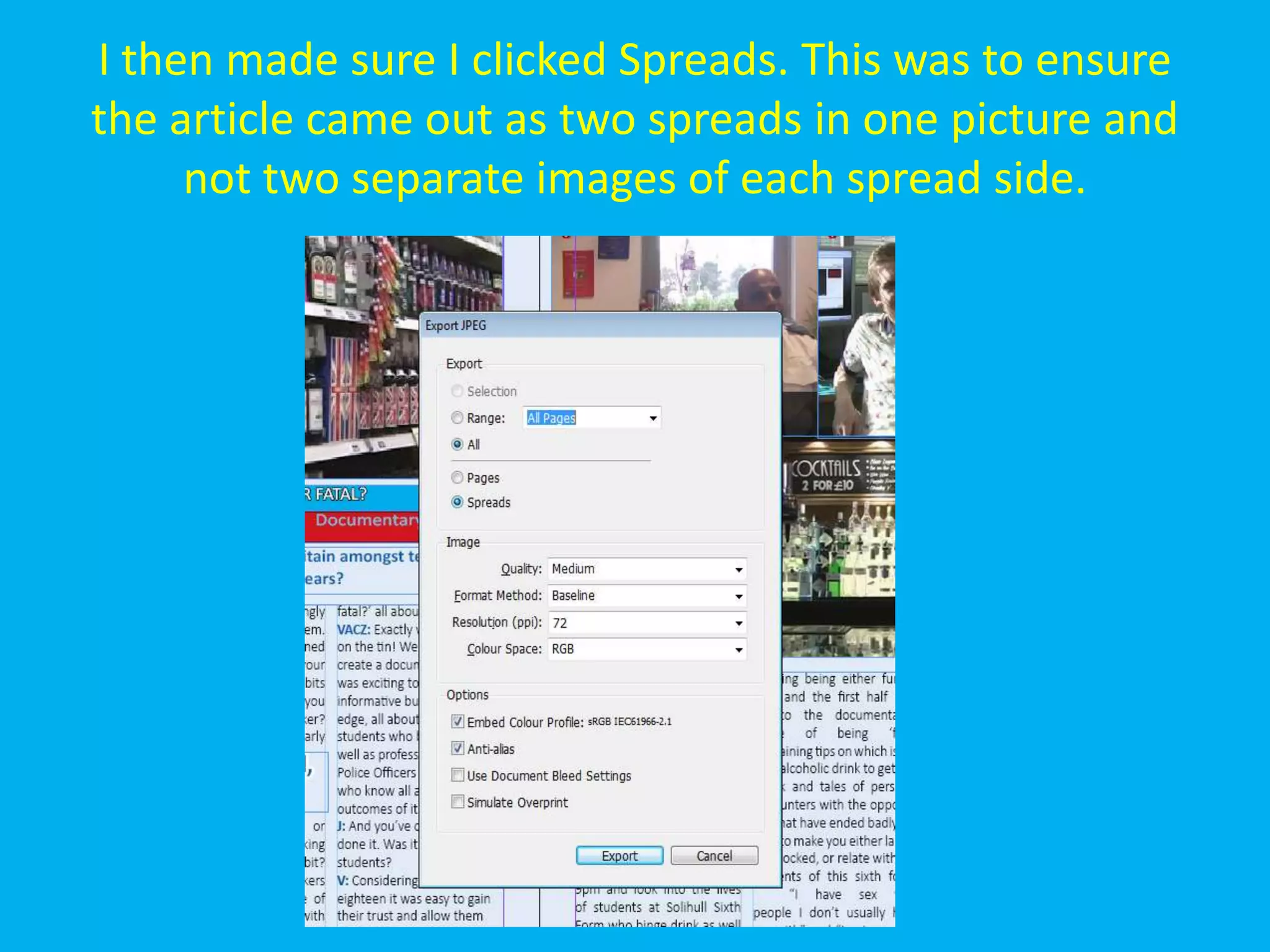 I then made sure I clicked Spreads. This was to ensure
the article came out as two spreads in one picture and
     not two separate images of each spread side.
 