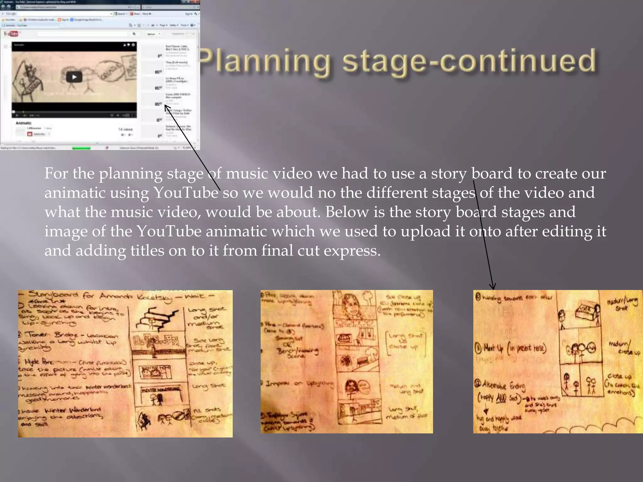 For the planning stage of music video we had to use a story board to create our
animatic using YouTube so we would no the different stages of the video and
what the music video, would be about. Below is the story board stages and
image of the YouTube animatic which we used to upload it onto after editing it
and adding titles on to it from final cut express.
 
