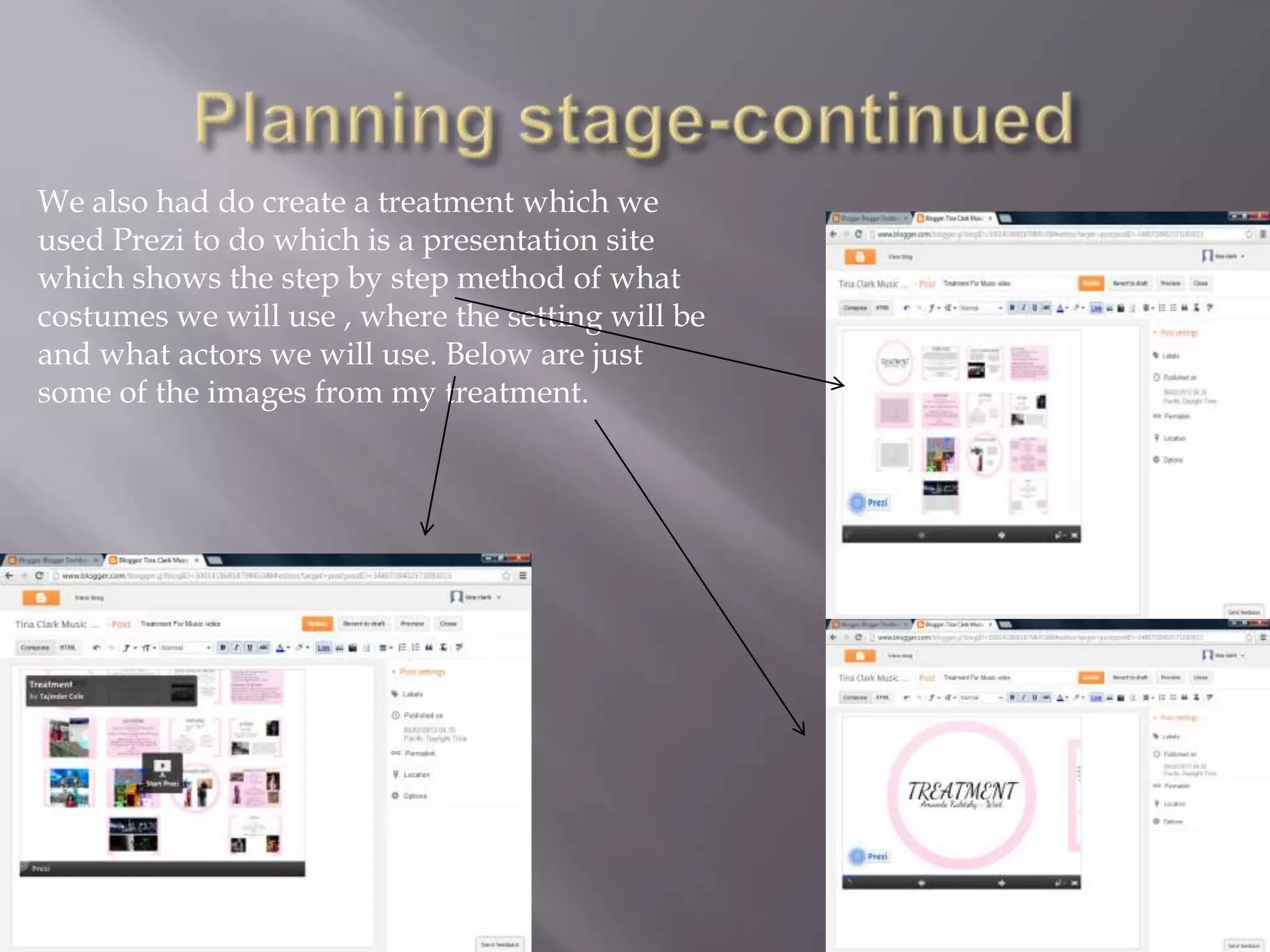 We also had do create a treatment which we
used Prezi to do which is a presentation site
which shows the step by step method of what
costumes we will use , where the setting will be
and what actors we will use. Below are just
some of the images from my treatment.
 
