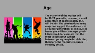 Age
The majority of the market will
be 18-24 year olds, however, a small
percentage of approximately 15%
will be 35+. The connotations in my
magazine suggest the audience is of
a younger generation, as it discusses
issues you will hear amongst youths.
I discovered, for example that the
most talked about subject
between young people is celebrities,
therefore, the magazine includes
celebrity gossip.

 