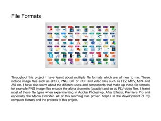 Throughout this project I have learnt about multiple file formats which are all new to me. These
include image files such as JPEG, PNG, GIF or PDF and video files such as FLV, MOV, MP4 and
AVI etc. I have also learnt about the different uses and components that make up these file formats
for example PNG image files encode the alpha channels (opacity) and so do FLV video files. I learnt
most of these file types when experimenting in Adobe Photoshop, After Effects, Premiere Pro and
especially the Media Encoder. All of this learning has proven helpful in the development of my
computer literacy and the process of this project.
File Formats
 