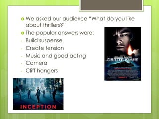  We asked our audience “What do you like
about thrillers?”
 The popular answers were:
- Build suspense
- Create tension
- Music and good acting
- Camera
- Cliff hangers
 