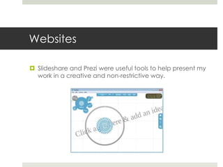 Websites
 Slideshare and Prezi were useful tools to help present my
work in a creative and non-restrictive way.
 