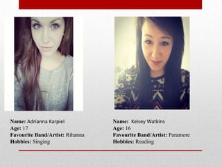 Name: Adrianna Karpiel
Age: 17
Favourite Band/Artist: Rihanna
Hobbies: Singing
Name: Kelsey Watkins
Age: 16
Favourite Band/Artist: Paramore
Hobbies: Reading
 