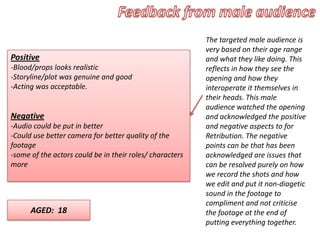 Positive
-Blood/props looks realistic
-Storyline/plot was genuine and good
-Acting was acceptable.
Negative
-Audio could be put in better
-Could use better camera for better quality of the
footage
-some of the actors could be in their roles/ characters
more
The targeted male audience is
very based on their age range
and what they like doing. This
reflects in how they see the
opening and how they
interoperate it themselves in
their heads. This male
audience watched the opening
and acknowledged the positive
and negative aspects to for
Retribution. The negative
points can be that has been
acknowledged are issues that
can be resolved purely on how
we record the shots and how
we edit and put it non-diagetic
sound in the footage to
compliment and not criticise
the footage at the end of
putting everything together.
AGED: 18
 