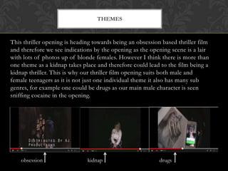 This thriller opening is heading towards being an obsession based thriller film
and therefore we see indications by the opening as the opening scene is a lair
with lots of photos up of blonde females. However I think there is more than
one theme as a kidnap takes place and therefore could lead to the film being a
kidnap thriller. This is why our thriller film opening suits both male and
female teenagers as it is not just one individual theme it also has many sub
genres, for example one could be drugs as our main male character is seen
sniffing cocaine in the opening.
THEMES
obsession kidnap drugs
 
