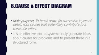 6.CAUSE & EFFECT DIAGRAM
• Main purpose; To break down (in successive layers of
detail) root causes that potentially contribute to a
particular effect.
• It is an effective tool to systematically generate ideas
about causes for problems and to present these in a
structured form.
15
 