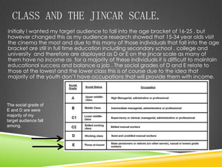 CLASS AND THE JINCAR SCALE.
Initially I wanted my target audience to fall into the age bracket of 16-25 , but
however changed this as my audience research showed that 15-34 year olds visit
the cinema the most and due to this many of those individuals that fall into the age
bracket are still in full time education including secondary school , college and
university and therefore are displayed as D or E on the jincar scale as many of
them have no income as for a majority of these individuals it is difficult to maintain
educational success and balance a job . The social grades of D and E relate to
those at the lowest and the lower class this is of course due to the idea that
majority of the youth don’t have occupations that will provide them with income.
The social grade of
E and D are were
majority of my
target audience fall
among.
 