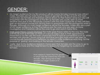 GENDER:
 My target audience for my film product will be mainly females however may attract
males. Females are my main focus in terms of gender for my film as both the main
characters are female and therefore will be drawn to their fashion sense but also will
empathise with the protagonist of the film as females are usually seen as more
sensitive and due to this will quickly connect with the main character as they will then
gain an emotional connection driving them to empathise with the protagonist whilst in
danger. Although my main target audience will be the females, males also are a part
of my target audience as they themselves are the ones who are seen as more
courageous and therefore will be the ones to go and watch horror films.
 Male gaze theory: (Laura Mulveys) the male gaze theory refers to the way the male
individuals look at females as more of a sexual object due to their appearance.
Presented in my film are the main characters that fit typical conventions such as white
females with blonde / brown long hair and blue and grey eyes which are seen as
conventionally beautiful and therefore my result in male audiences watching for the
purpose of ‘gazing’ and looking at the female characters.
 Lastly due to my audience research I have seen that females are the ones to go to
the cinema more and this heightened my reasons for targeting my audience to
females.
From research I learnt that the gender
in which visits the cinema the most are
females , then driving me to help
establish my target audience to
females,
 
