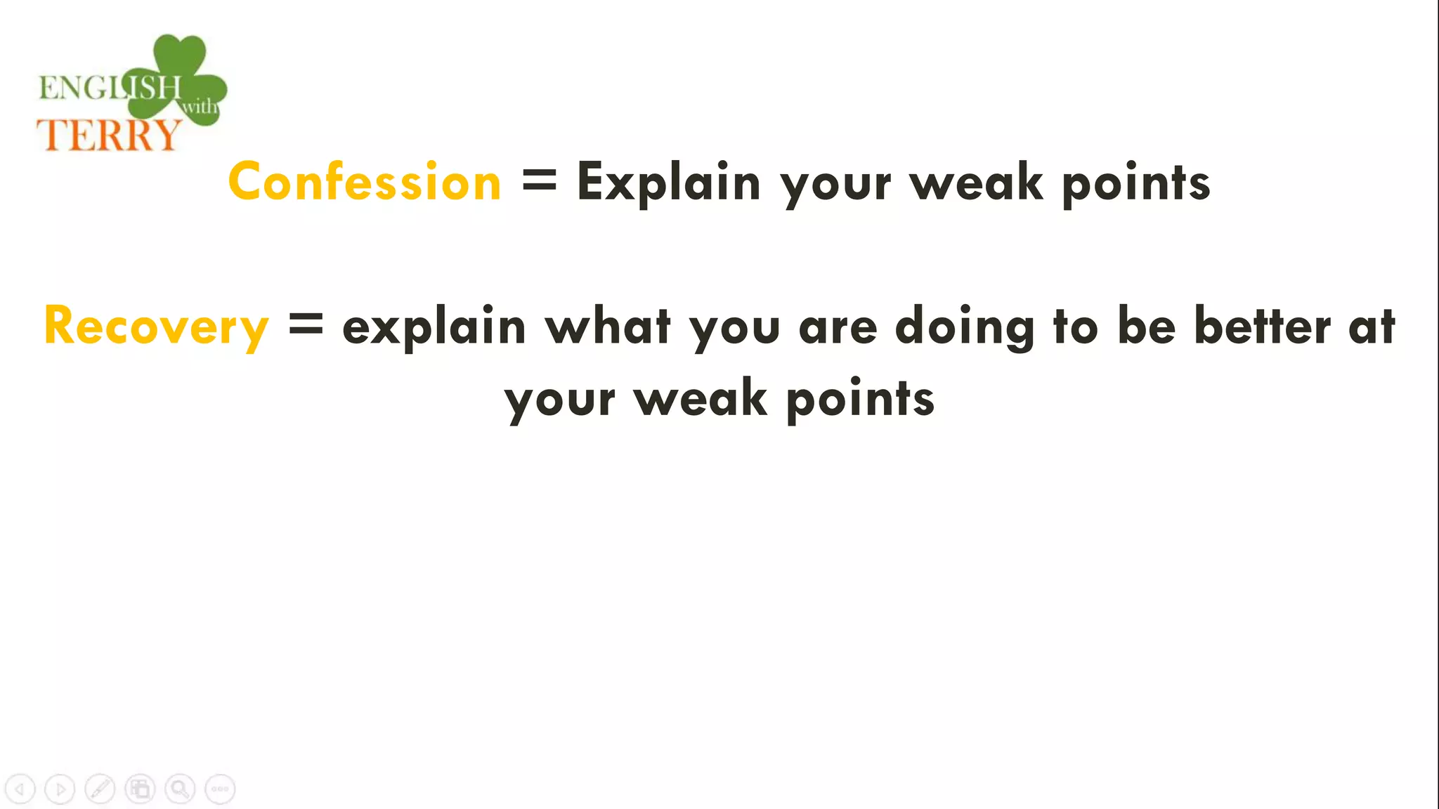 Confession = Explain your weak points
Recovery = explain what you are doing to be better at
your weak points