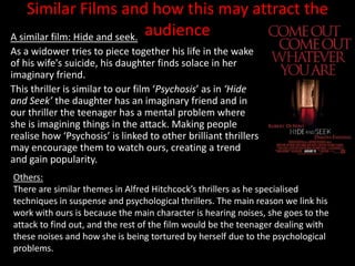 Similar Films and how this may attract the
A similar film: Hide and seek. audience
As a widower tries to piece together his life in the wake
of his wife's suicide, his daughter finds solace in her
imaginary friend.
This thriller is similar to our film ‘Psychosis’ as in ‘Hide
and Seek’ the daughter has an imaginary friend and in
our thriller the teenager has a mental problem where
she is imagining things in the attack. Making people
realise how ‘Psychosis’ is linked to other brilliant thrillers
may encourage them to watch ours, creating a trend
and gain popularity.
Others:
There are similar themes in Alfred Hitchcock’s thrillers as he specialised
techniques in suspense and psychological thrillers. The main reason we link his
work with ours is because the main character is hearing noises, she goes to the
attack to find out, and the rest of the film would be the teenager dealing with
these noises and how she is being tortured by herself due to the psychological
problems.
 