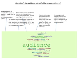 Below is a selection of
words that help to answer
Question 5, they all relate to
how we
attracted/addresses our
audience.
Question 5: How did you attract/address your audience?
The ensemble of the film opening all contributes to
attracting the audience, the boy/girl relationship is
made apparent to the audience within the first few
seconds on the split screen initially showing shots of
the female and male characters.
The soundtrack used is an authorised
cover version of a popular song
known by young teenagers, instantly
appealing to the target audience.
The titles used attract
the target audience as
they intervene at
several parts of the film
opening, they are
bubbly and bounce onto
the screen, showing a
degree of enthusiasm
and energy.
Camera angles used
highlight body language
and facial expressions
typical of teenagers, so the
audience are able to relate
to the film opening.
 