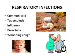 RESPIRATORY INFECTIONS
• Common cold
• Tuberculosis
• Influenza
• Bronchitis
• Whooping cough
 