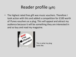 Reader profile (gift)
• The highest rated free gift was music vouchers. Therefore I
took action with this and added a competition for £100 worth
of iTunes vouchers as a plug. This will appeal and attract my
audience because it will be something they are interested in
and so buy and read my magazine.
This is what my plug
looks like.
 
