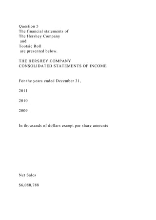 Question 5
The financial statements of
The Hershey Company
and
Tootsie Roll
are presented below.
THE HERSHEY COMPANY
CONSOLIDATED STATEMENTS OF INCOME
For the years ended December 31,
2011
2010
2009
In thousands of dollars except per share amounts
Net Sales
$6,080,788
 