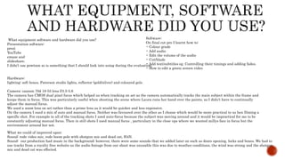 What equipment software and hardware did you use?
Presentation software:
prezi
YouTube
emaze and
slideshare.
I didn’t use powtoon so is something that I should look into using during the evaluation.
Hardware:
lighting: soft boxes, Paterson studio lights, reflector (gold/silver) and coloured gels.
Camera: cannon 70d 18-55 lens f/3.5-5.6
The camera has CMOS dual pixel focus which helped us when tracking on set as the camera automatically tracks the main subject within the frame and
keeps them in focus. This was particularly useful when shooting the scene where Laura runs her hand over the paints, as I didn’t have to continually
adjust the manual focus.
We used a zoom lens on set rather than a prime lens as it would be quicker and less expensive.
On the camera I sued a mix of auto and manual focus. Neither was favoured over the other as I choose which would be more practical to us hen filming a
specific shot. For example in all of the tracking shots I used auto-focus because the subject was moving around and it would be impractical for me to be
constantly adjusting manual focus. Then in still shots I used manual focus , particulary in the close ups where we wanted millys face in focus but the
environment around her not.
Software:
On final cut pro I learnt how to:
• Colour grade
• Add audio
• Edit the volume of the audio
• Cut/blade
• Add text/subtitles eg. Controlling their timings and adding fades.
• How to edit a green screen video
What we could of improved upon:
Sound: rode video mic, rode boom pole with shotgun mic and dead cat, H4N.
Sound: our production had music in the background; however, there were some sounds that we added later on such as doors opening, locks and boxes. We had to
use tracks from a royalty free website as the audio footage from our shoot was unusable this was due to weather conditions, the wind was strong and the shotgun
mic and dead cat was effected.
 