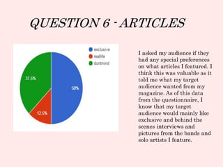 QUESTION 6 - ARTICLES
I asked my audience if they
had any special preferences
on what articles I featured. I
think this was valuable as it
told me what my target
audience wanted from my
magazine. As of this data
from the questionnaire, I
know that my target
audience would mainly like
exclusive and behind the
scenes interviews and
pictures from the bands and
solo artists I feature.
 