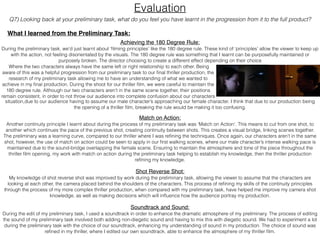 Evaluation
Q7) Looking back at your preliminary task, what do you feel you have learnt in the progression from it to the full product?
What I learned from the Preliminary Task:
Achieving the 180 Degree Rule:
During the preliminary task, we’d just learnt about ‘ﬁlming principles’ like the 180 degree rule. These kind of ‘principles’ allow the viewer to keep up
with the action, not feeling disorientated by the visuals. The 180 degree rule was something that I learnt can be purposefully maintained or
purposely broken. The director choosing to create a different effect depending on their choice
Match on Action:
Another continuity principle I learnt about during the process of my preliminary task was ‘Match on Action’. This means to cut from one shot, to
another which continues the pace of the previous shot, creating continuity between shots. This creates a visual bridge, linking scenes together.
The preliminary was a learning curve, compared to our thriller where I was reﬁning the techniques. Once again, our characters aren’t in the same
shot, however, the use of match on action could be seen to apply in our ﬁrst walking scenes, where our male character’s intense walking pace is
maintained due to the sound-bridge overlapping the female scene. Ensuring to maintain the atmosphere and tone of the piece throughout the
thriller ﬁlm opening, my work with match on action during the preliminary task helping to establish my knowledge, then the thriller production
reﬁning my knowledge.
Shot Reverse Shot:
My knowledge of shot reverse shot was improved by work during the preliminary task, allowing the viewer to assume that the characters are
looking at each other, the camera placed behind the shoulders of the characters. This process of reﬁning my skills of the continuity principles
through the process of my more complex thriller production, when compared with my preliminary task, have helped me improve my camera shot
knowledge, as well as making decisions which will inﬂuence how the audience portray my production.
Soundtrack and Sound:
During the edit of my preliminary task, I used a soundtrack in order to enhance the dramatic atmosphere of my preliminary. The process of editing
the sound of my preliminary task involved both adding non-diegetic sound and having to mix this with diegetic sound. We had to experiment a lot
during the preliminary task with the choice of our soundtrack, enhancing my understanding of sound in my production. The choice of sound was
reﬁned in my thriller, where I edited our own soundtrack, able to enhance the atmosphere of my thriller ﬁlm.
Where the two characters always have the same left or right relationship to each other. Being
aware of this was a helpful progression from our preliminary task to our ﬁnal thriller production, the
research of my preliminary task allowing me to have an understanding of what we wanted to
achieve in my ﬁnal production. During the shoot for our thriller ﬁlm, we were careful to maintain the
180 degree rule. Although our two characters aren’t in the same scene together, their positions
remain consistent, in order to not throw our audience into complete confusion about our characters
situation,due to our audience having to assume our male character’s approaching our female character. I think that due to our production being
the opening of a thriller ﬁlm, breaking the rule would be making it too confusing.
 