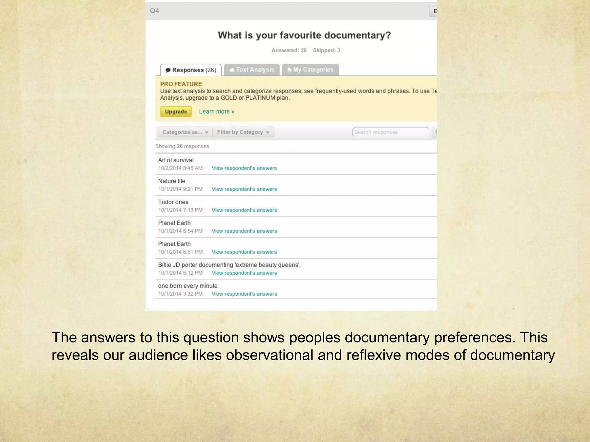 The answers to this question shows peoples documentary preferences. This 
reveals our audience likes observational and reflexive modes of documentary 
 