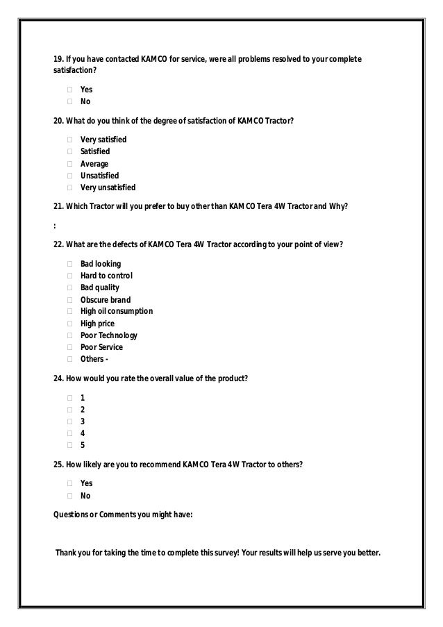 Kamco Survey Questionnaire Kamco Tera 4 W Tractor - consumers service 5