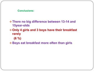 Conclusions:

 There no big difference between 13-14 and

15year-olds
 Only 4 girls and 3 boys have their breakfast
rarely
(6 %)
 Boys eat breakfast more often than girls

 