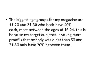 • The biggest age groups for my magazine are
11-20 and 21-30 who both have 40%
each, most between the ages of 16-24. this is
because my target audience is young more
proof is that nobody was older than 50 and
31-50 only have 20% between them.

 