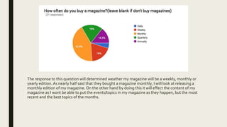 The response to this question will determined weather my magazine will be a weekly, monthly or
yearly edition. As nearly half said that they bought a magazine monthly, I will look at releasing a
monthly edition of my magazine. On the other hand by doing this it will effect the content of my
magazine as I wont be able to put the events/topics in my magazine as they happen, but the most
recent and the best topics of the months.
 