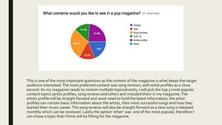 This is one of the most important questions as the content of the magazine is what keeps the target
audience interested.The most preferred content was song reviews, with artist profiles as a close
second. As my magazine needs to contain multiple topics/events, I will pick the top 3 most popular
content topics (artist profiles, song reviews and other) and included them in my magazine.The
artists profile will be straight forward and wont need to hold the latest information, the artist
profiles can contain basic information about the artists, their most successful songs and how they
started their music career.The song reviews will also be straight forward as a new song is released
monthly which can be reviewed. Lastly the option’ other’ was one of the most popular, therefore I
can chose a topic that I think will be fitting for the magazine.
 