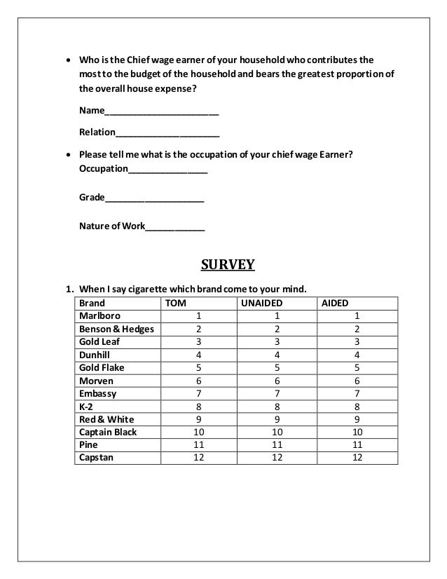 tobacco market research paper questionnaire