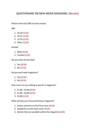QUESTIONAIRE ON NEW MEDIA MAGAZINE: (Results)<br />Please circle only ONE of each answer:<br />Age:<br />,[object Object]