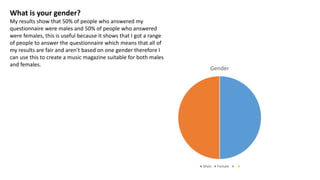 What is your gender?
My results show that 50% of people who answered my
questionnaire were males and 50% of people who answered
were females, this is useful because it shows that I got a range
of people to answer the questionnaire which means that all of
my results are fair and aren’t based on one gender therefore I
can use this to create a music magazine suitable for both males
and females.
Gender
Male Female
 