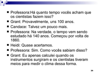    Professora:Há quanto tempo vocês acham que
    os cientistas fazem isso?
   Grant: Provavelmente, uns 100 anos.
   Candace: Talvez um pouco mais.
   Professora: Na verdade, o tempo vem sendo
    estudado há 140 anos. Começou por volta de
    1860.
   Heidi: Quase acertamos.
   Professora: Sim. Como vocês sabiam disso?
   Grant: Eu apenas calculei quando os
    instrumentos surgiram e os cientistas tiveram
    meios para medir o clima dessa forma.
                                                29
 