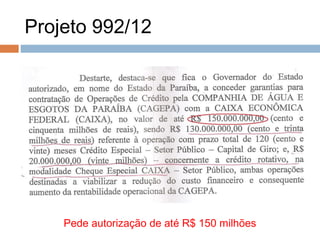 Projeto 992/12




    Pede autorização de até R$ 150 milhões
 