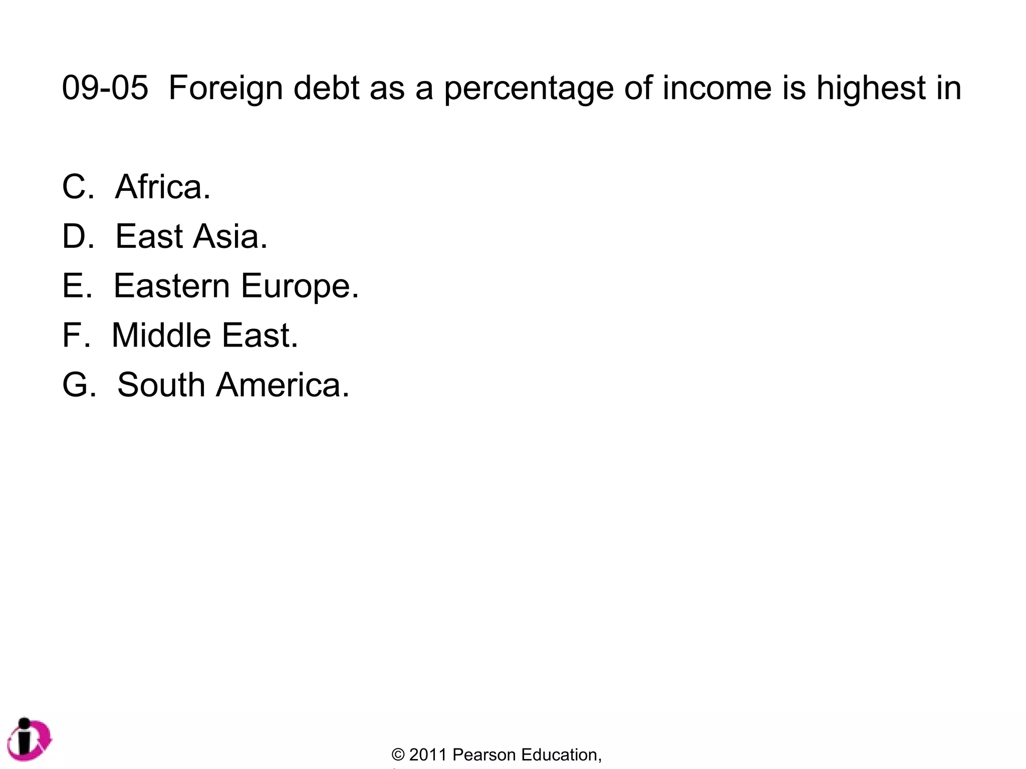 09-05  Foreign debt as a percentage of income is highest in Africa. East Asia. Eastern Europe.  Middle East. South America. 
