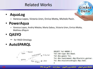 Related Works
• AquaLog
– Vanessa Lopez, Victoria Uren, Enrico Motta, Michele Pasin.
• PowerAqua
– Vanessa Lopez, Andriy Nikolov, Marta Sabou, Victoria Uren, Enrico Motta,
Mathieu d’Aquin
• QASYO
– for YAGO Ontology
• AutoSPARQL
29
 