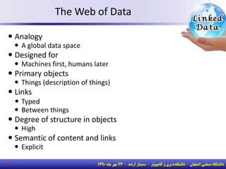 The Web of Data
 Analogy
 A global data space
 Designed for
 Machines first, humans later
 Primary objects
 Things (description of things)
 Links
 Typed
 Between things
 Degree of structure in objects
 High
 Semantic of content and links
 Explicit
5
 