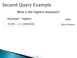 What is the highest mountain?
(CLASS) (OPERATOR) Query Features
mountain - highest PODS
137
 