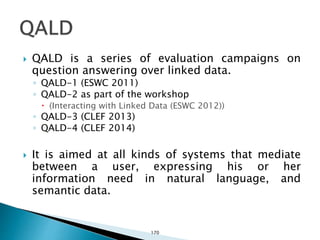  QALD is a series of evaluation campaigns on
question answering over linked data.
◦ QALD-1 (ESWC 2011)
◦ QALD-2 as part of the workshop
 (Interacting with Linked Data (ESWC 2012))
◦ QALD-3 (CLEF 2013)
◦ QALD-4 (CLEF 2014)
 It is aimed at all kinds of systems that mediate
between a user, expressing his or her
information need in natural language, and
semantic data.
170
 