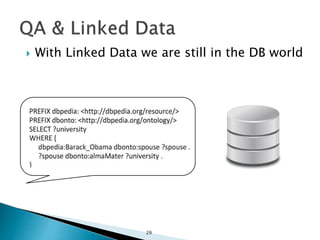 From which university did the wife of
Barack Obama graduate?
 With Linked Data we are still in the DB world
29
 