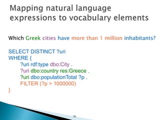 Which Greek cities have more than 1 million inhabitants?
SELECT DISTINCT ?uri
WHERE {
?uri rdf:type dbo:City .
?uri dbo:country res:Greece .
?uri dbo:populationTotal ?p .
FILTER (?p > 1000000)
}
36
 