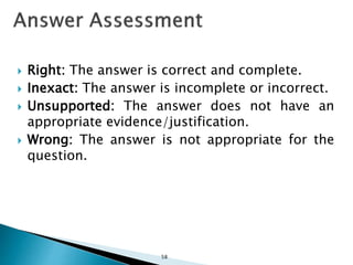  Right: The answer is correct and complete.
 Inexact: The answer is incomplete or incorrect.
 Unsupported: The answer does not have an
appropriate evidence/justification.
 Wrong: The answer is not appropriate for the
question.
58
 