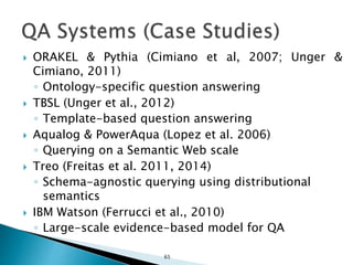  ORAKEL & Pythia (Cimiano et al, 2007; Unger &
Cimiano, 2011)
◦ Ontology-specific question answering
 TBSL (Unger et al., 2012)
◦ Template-based question answering
 Aqualog & PowerAqua (Lopez et al. 2006)
◦ Querying on a Semantic Web scale
 Treo (Freitas et al. 2011, 2014)
◦ Schema-agnostic querying using distributional
semantics
 IBM Watson (Ferrucci et al., 2010)
◦ Large-scale evidence-based model for QA
65
 