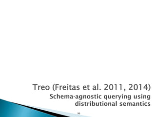 96
Treo (Freitas et al. 2011, 2014)
Schema-agnostic querying using
distributional semantics
 